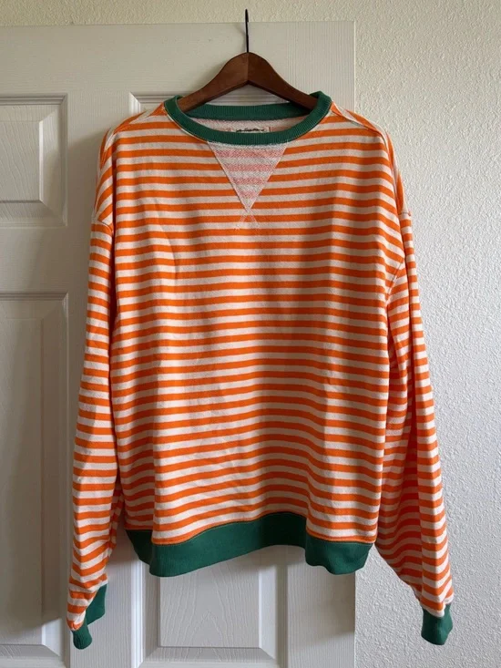 Free People Orange and Cream Striped Crewneck Sweater with Green Trim - Picture 3 of 3